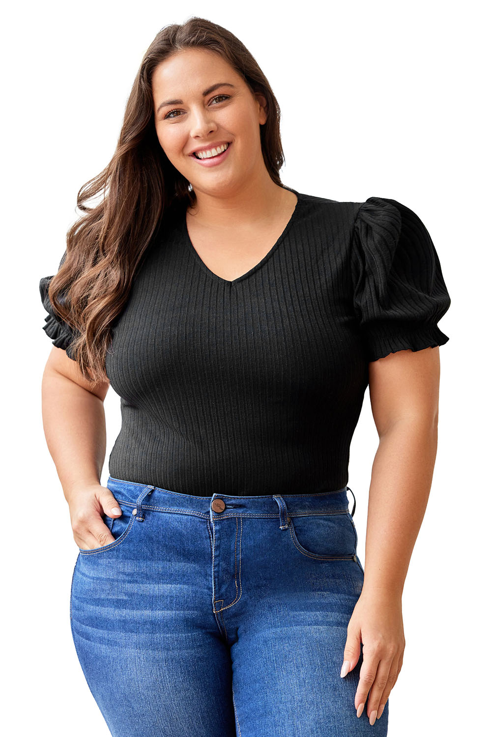 Black Plus Size Ribbed Knit Puff Sleeve Bodysuit