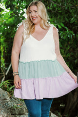 White Plus Size Color Block Ruffle Tiered Babydoll Tank Top