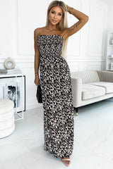 Leopard Smocked Bodice Strapless Maxi Dress