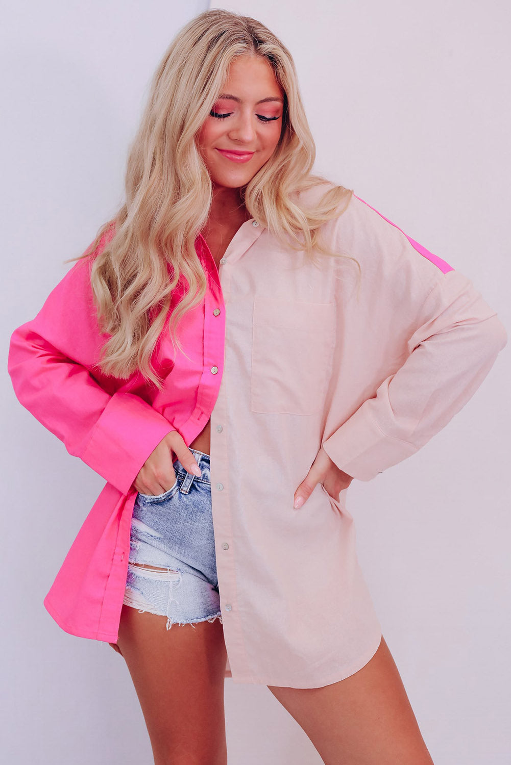 Pink Color Block Patchwork Oversized Shirt