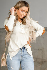 Apricot Suede Patch Rib Knit Pullover Top with Slits