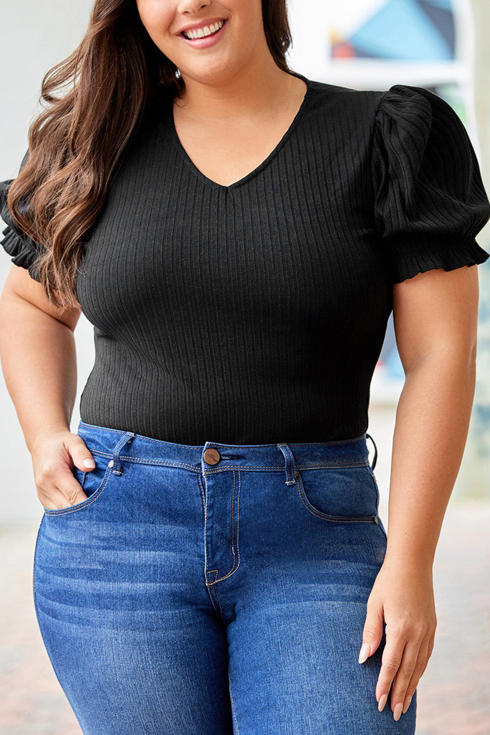 Black Plus Size Ribbed Knit Puff Sleeve Bodysuit