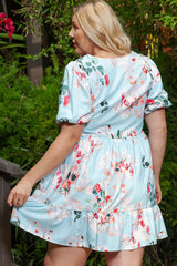 Sky Blue Floral Print Ruffled Puff Sleeve Plus Size Mini Dress