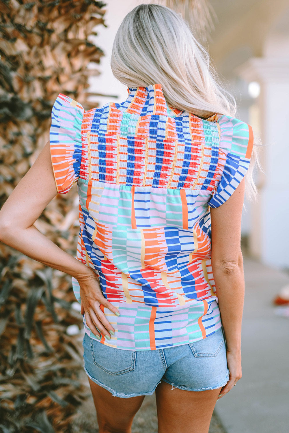 Multicolor Striped Print High Neck Flutter Top