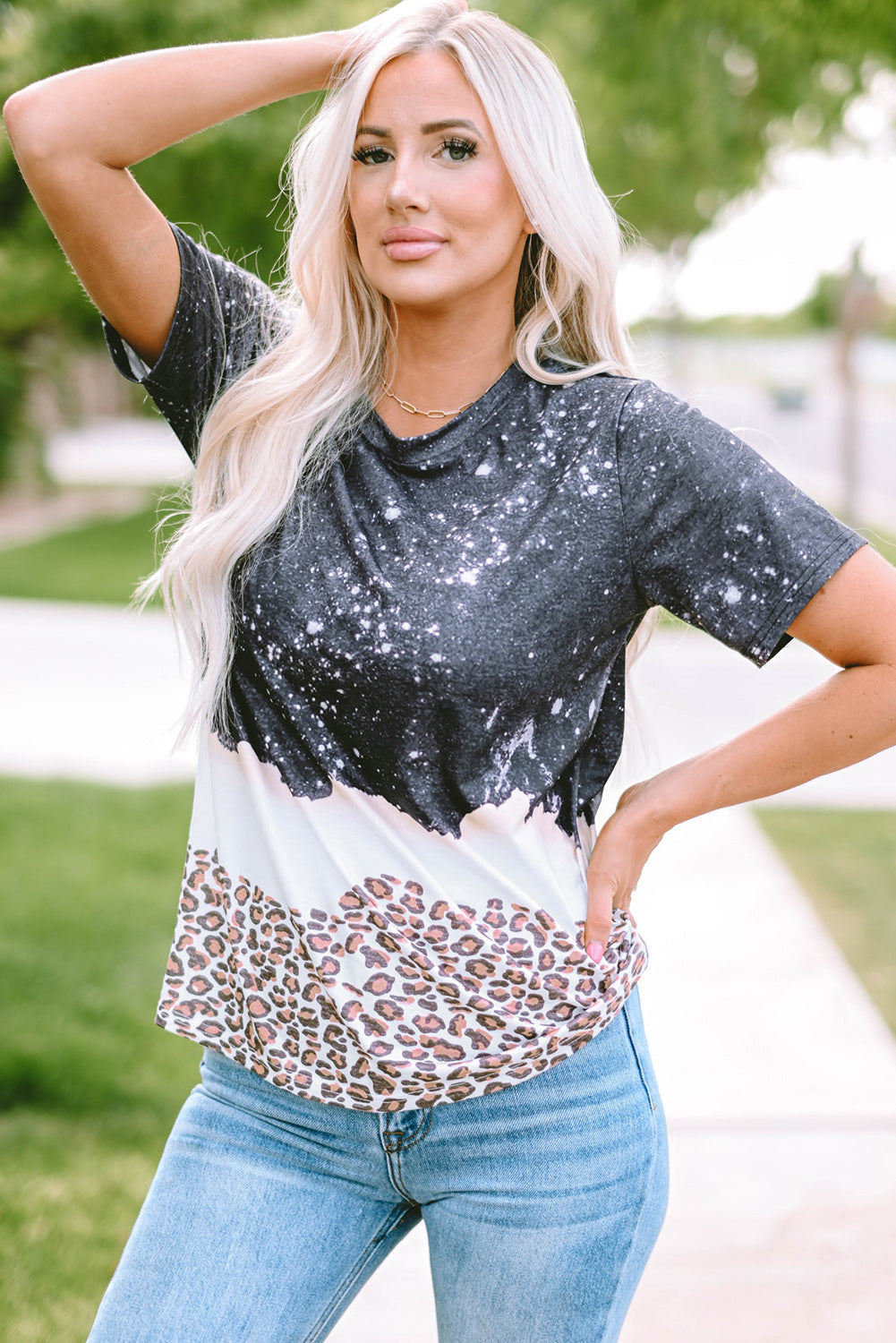 Black Leopard Print Detail Bleached Tee