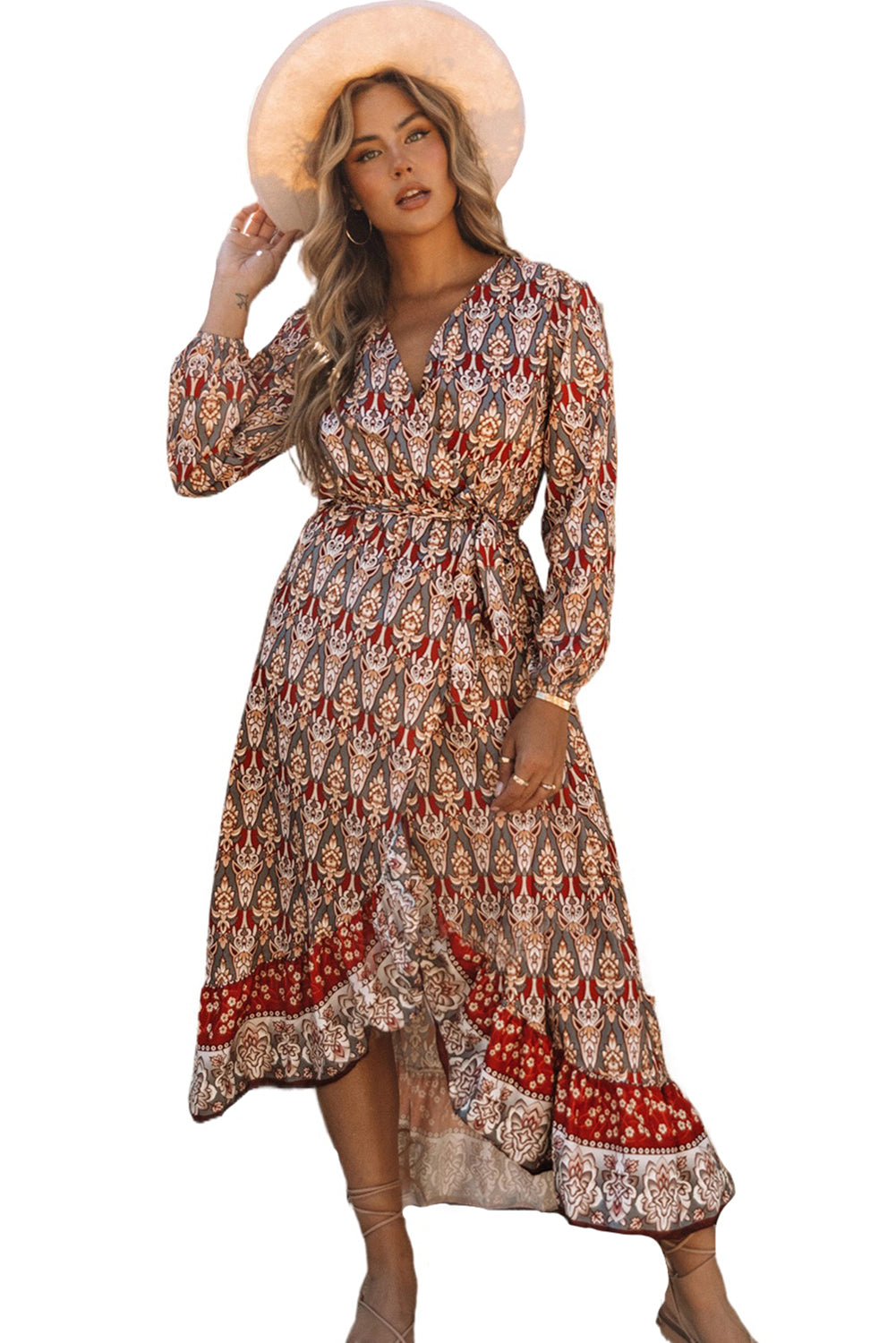 Multicolor Boho Floral Print Ruffle Trim Wrap Belted Dress