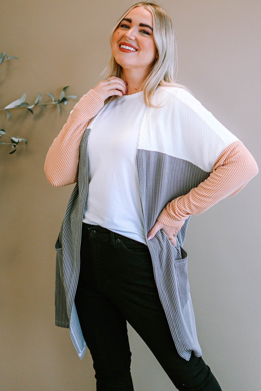 Gray Corded Colorblock Open Front Cardigan