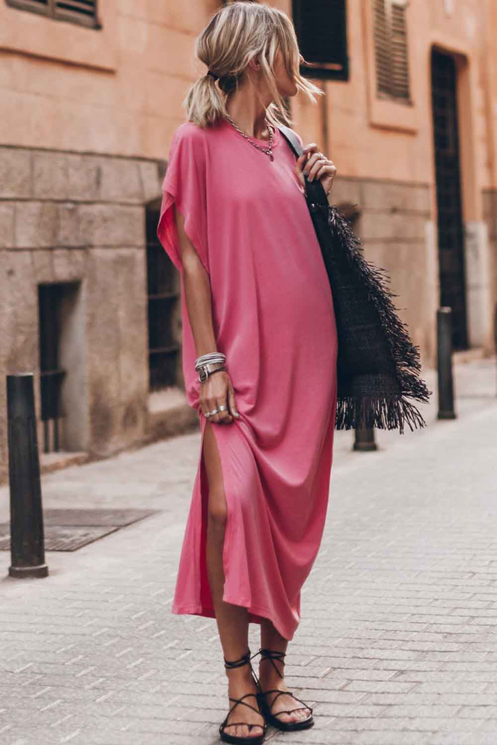 Pink Crew Neck Bat Sleeve Maxi T-shirt Dress