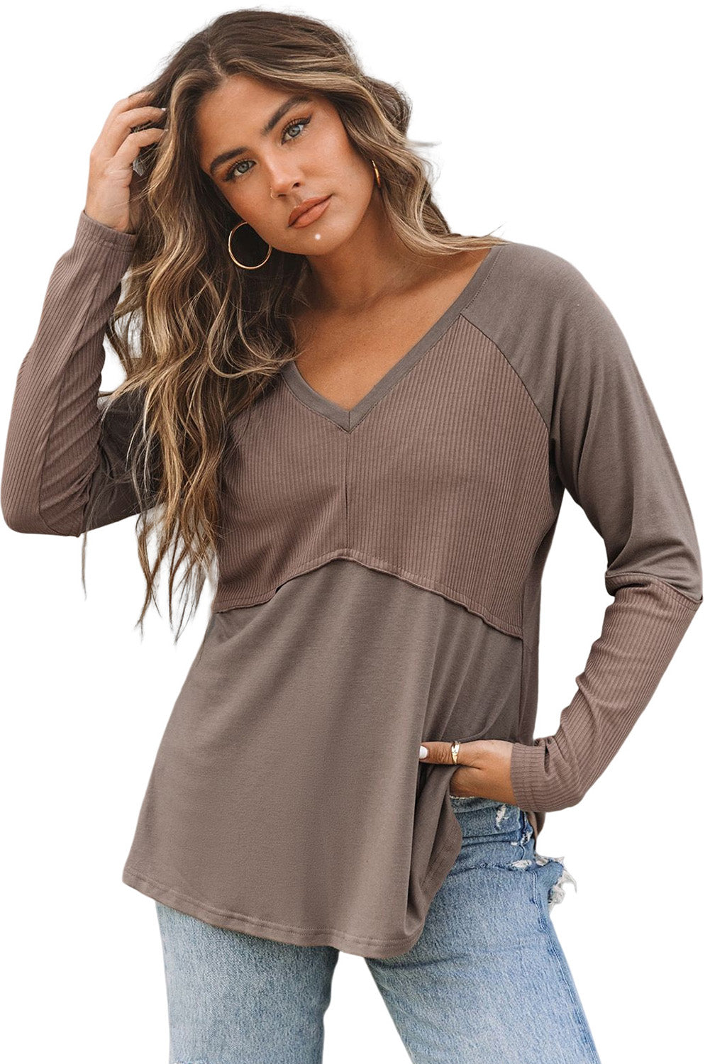 Khaki Ribbed Patchwork V Neck Long Sleeve Top