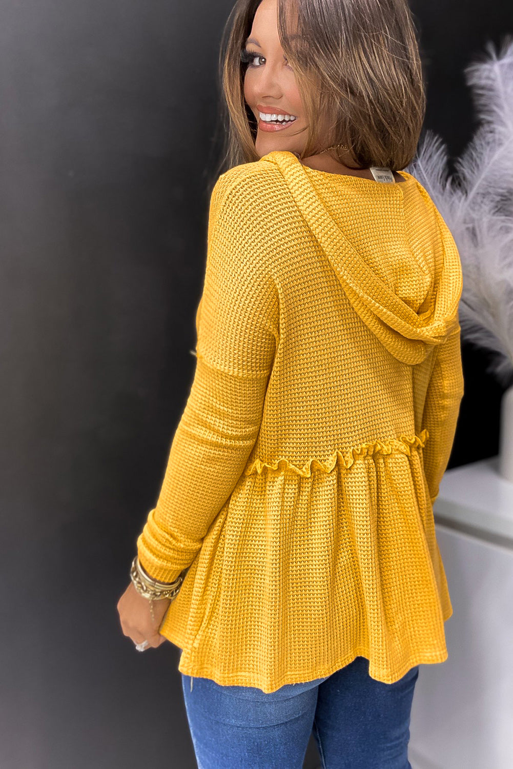 Yellow V Neck Drop Shoulder Hooded Flowy Top with Frill