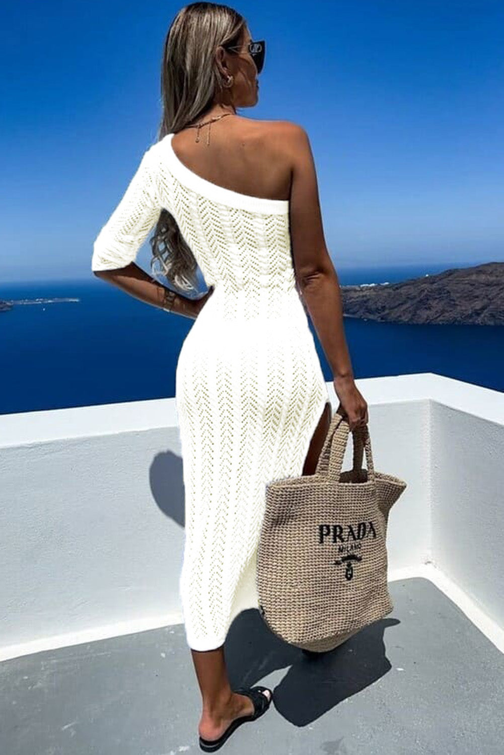 White Chevron Hollowed Knit One Shoulder Beach Dress