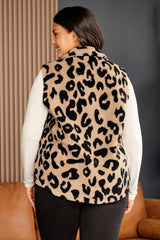 Leopard Plus Size Stand Neck Zipped Front Sherpa Jacket Vest