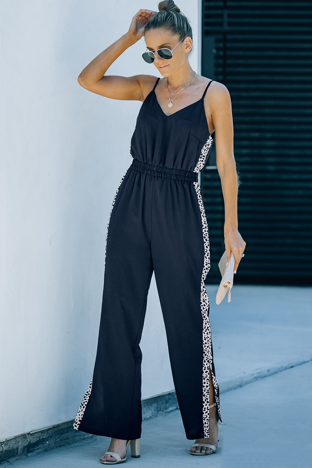 Black Leopard Patchwork Spaghetti Strap Wide Leg Jumpsuit