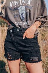Black Asymmetrical Ripped Denim Shorts