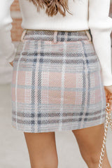 Pink Plaid Print Knitted Raw Hem High Waist Mini Skirt