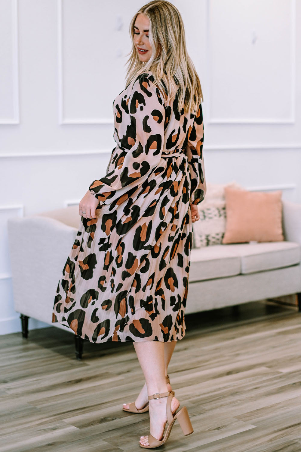 Leopard Plus Size Leopard V Neck Wrap Pleated Dress