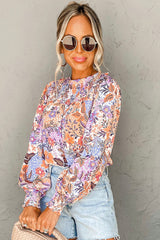 Multicolour Floral Bishop Sleeve Frilled Round Neck Blouse