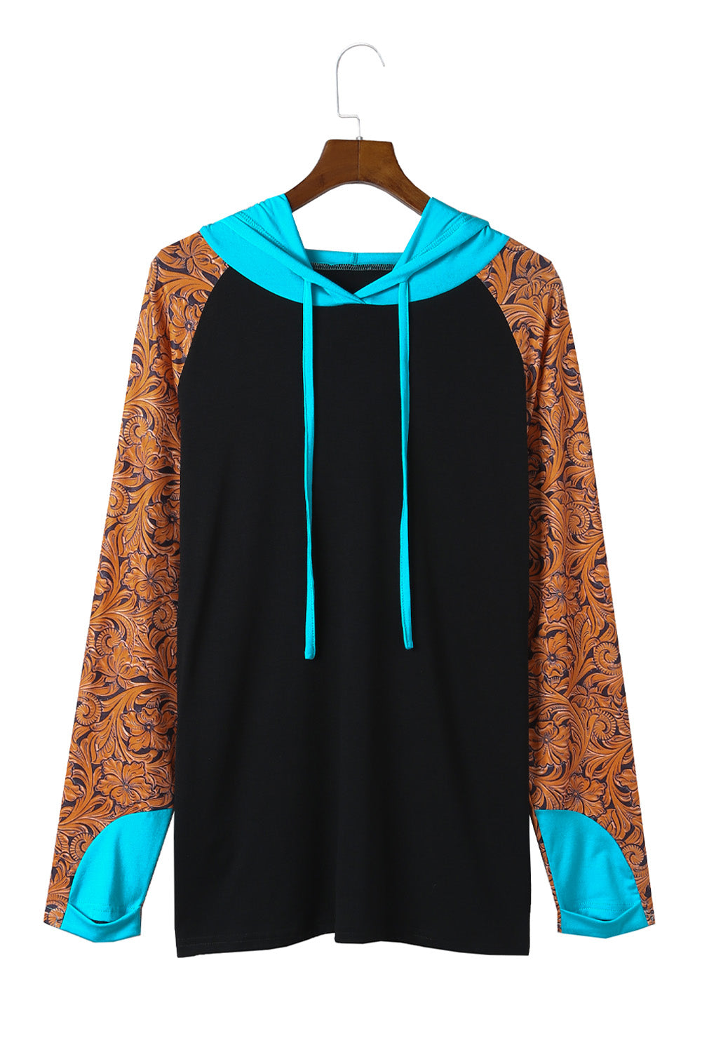 Black Western Print Color Block Plus Size Hoodie