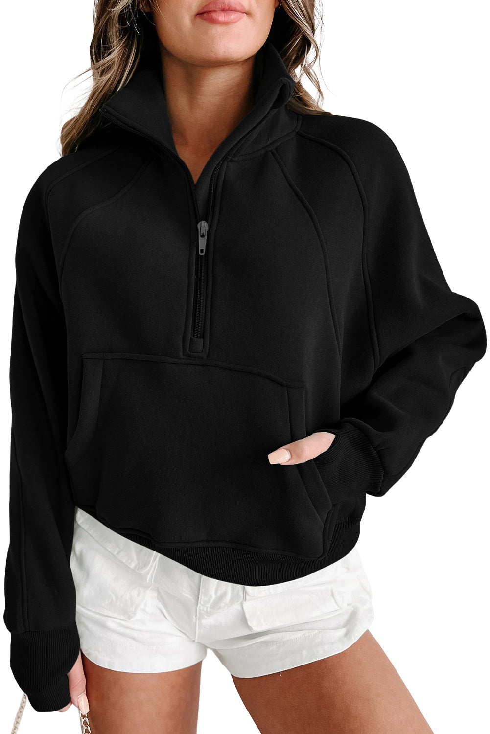 Green Zip Up Stand Collar Ribbed Thumbhole Sleeve Sweatshirt