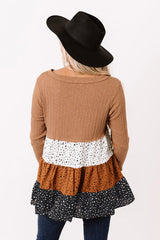 Brown Ribbed Long Sleeve Dotted Tiered Ruffled Flowy Top