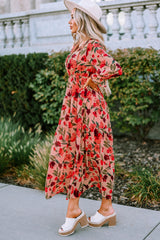 Red Frilled Collar Long Sleeve Tiered Maxi Floral Dress