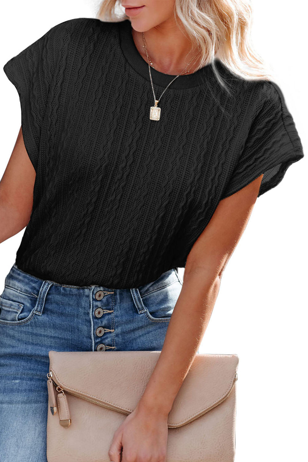 White Textured Knit Short Sleeve Top