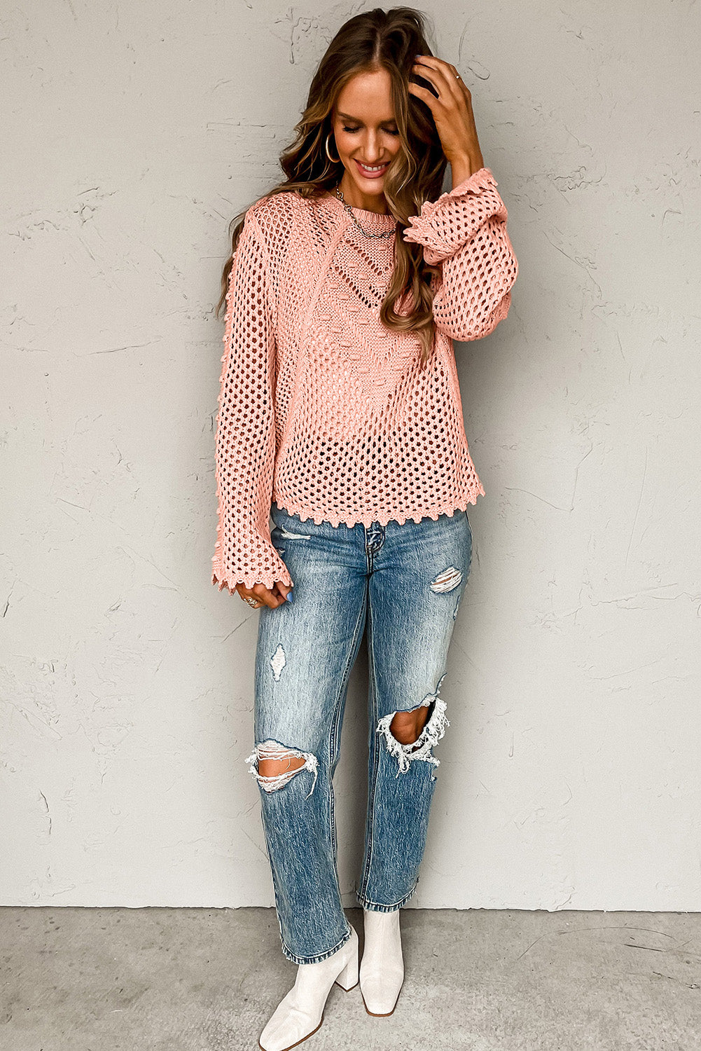 Pink Hollowed Eyelets Knit Bell Sleeve Sweater