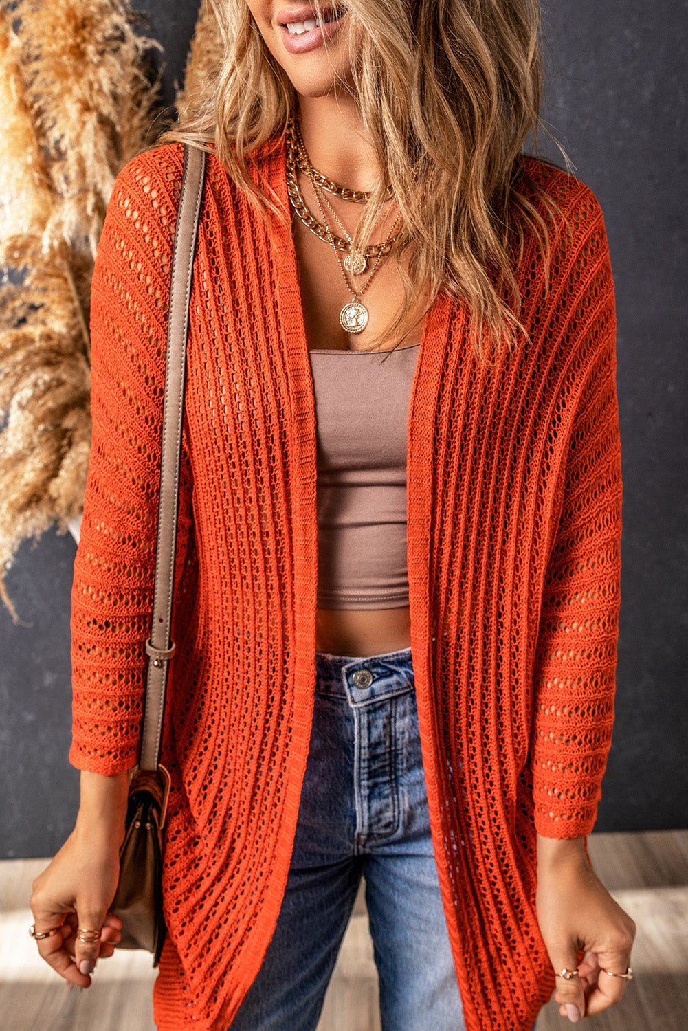 Orange Hollow-out Knit Kimono Lightweight Cardigan