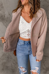 Pink Faux Shearling Lining Snap Button Suede Jacket