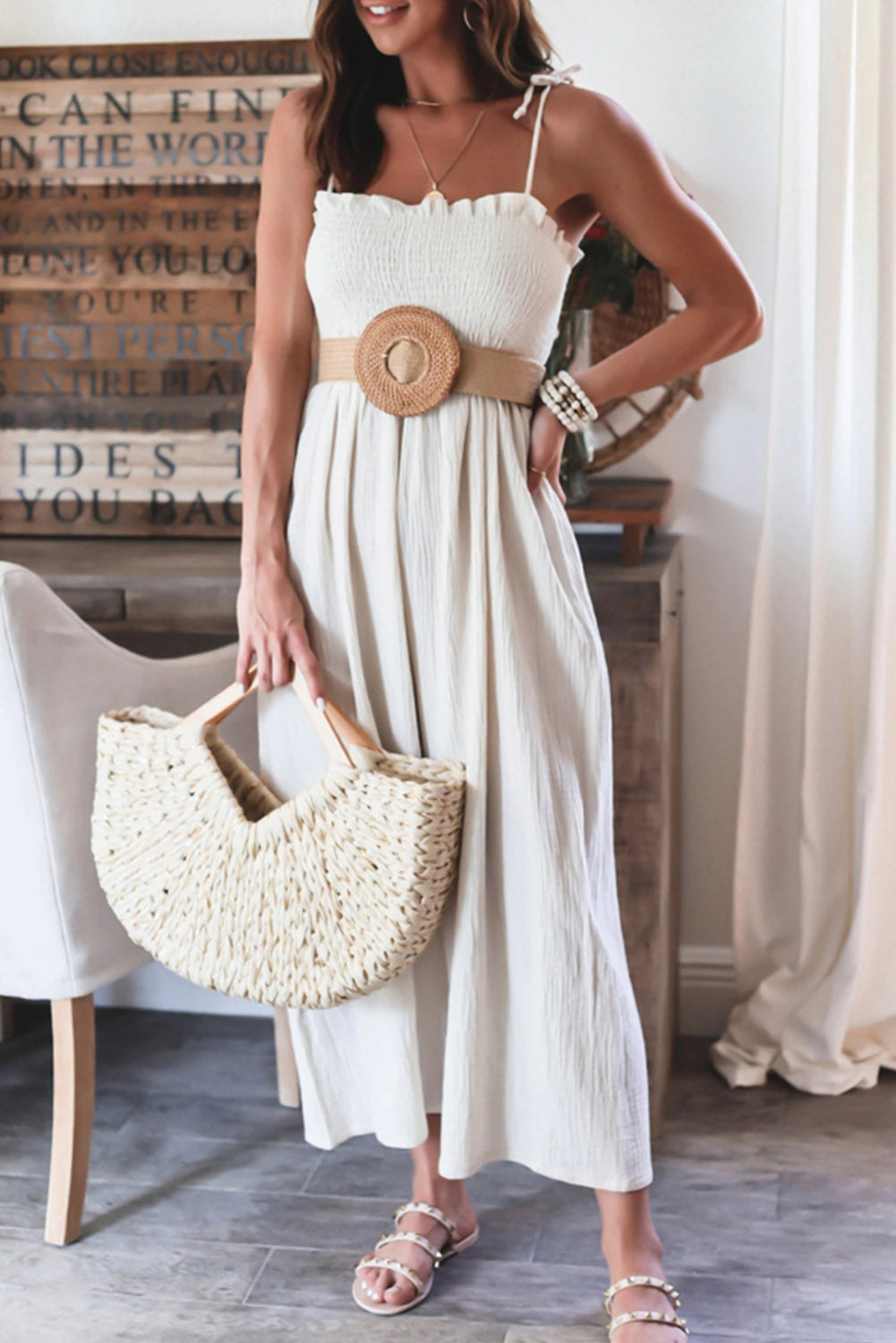 White Smocked Spaghetti Straps High Waist Wide Leg Jumpsuit