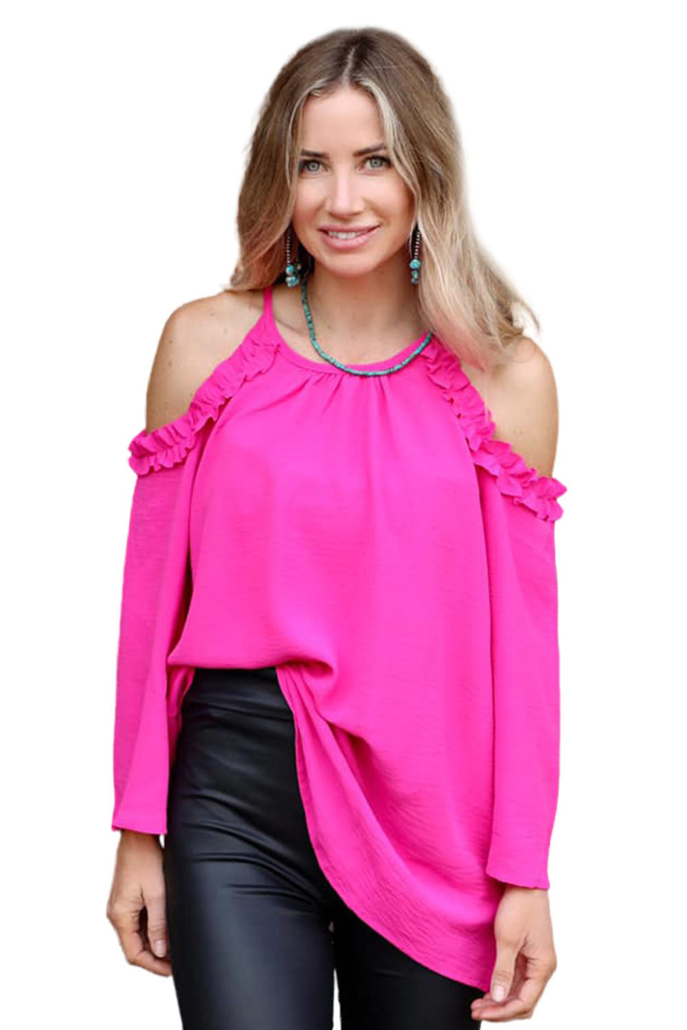 Rose Ruffled Cold Shoulder Long Sleeve Top