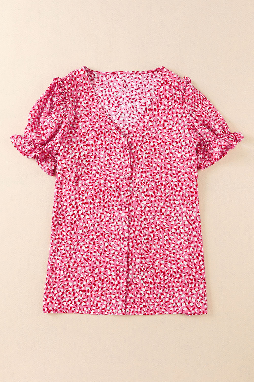 Pink Abstract Print Buttoned Ruffle Sleeve Shirt