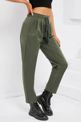 Green Casual Elastic Drawstring Waist Pants