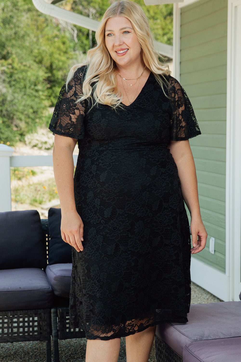 Black Plus Size Lace Flutter Sleeves Flare Midi Dress