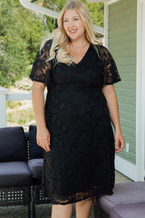 Black Plus Size Lace Flutter Sleeves Flare Midi Dress