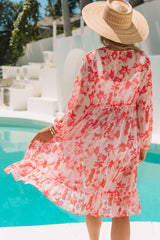 Pink Sweet Floral Print Frill Hem Puff Sleeve Cover Up