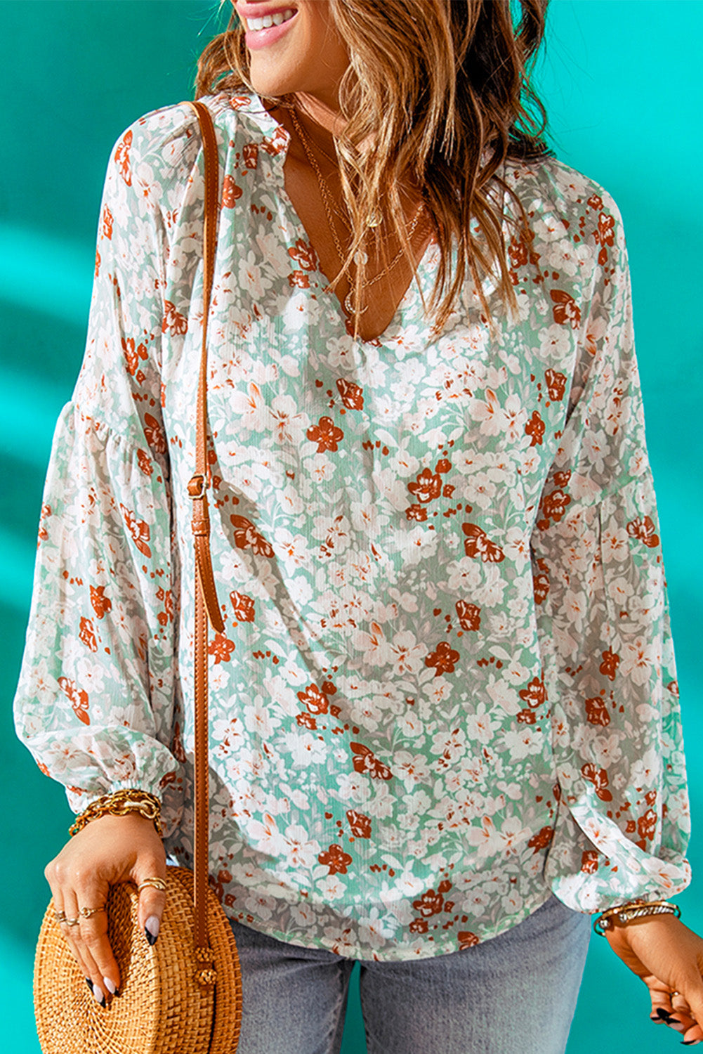 Green Floral Print V Neck Long Puff Sleeve Top