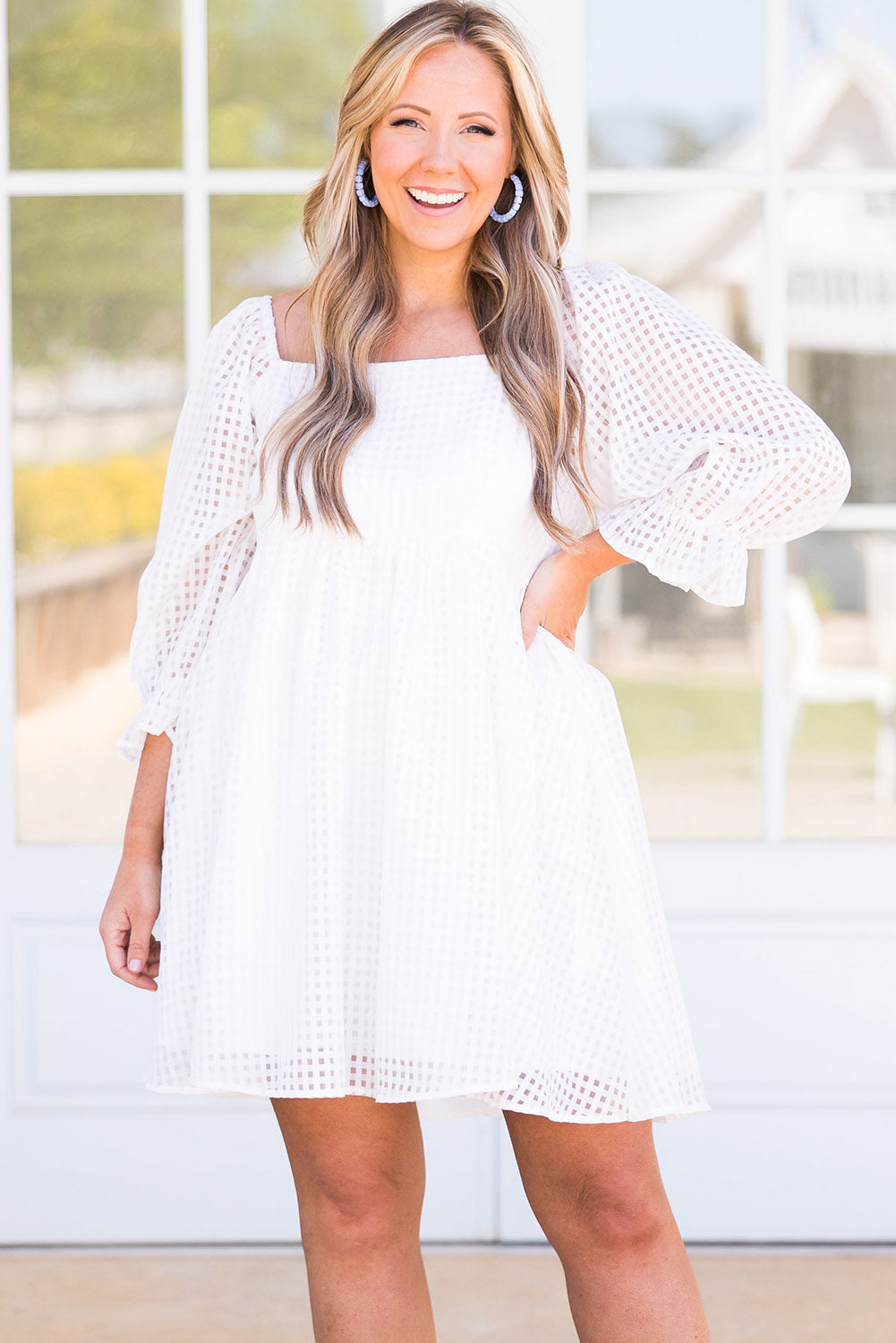 White Gingham Square Neck Puff Sleeve Plus Size Dress