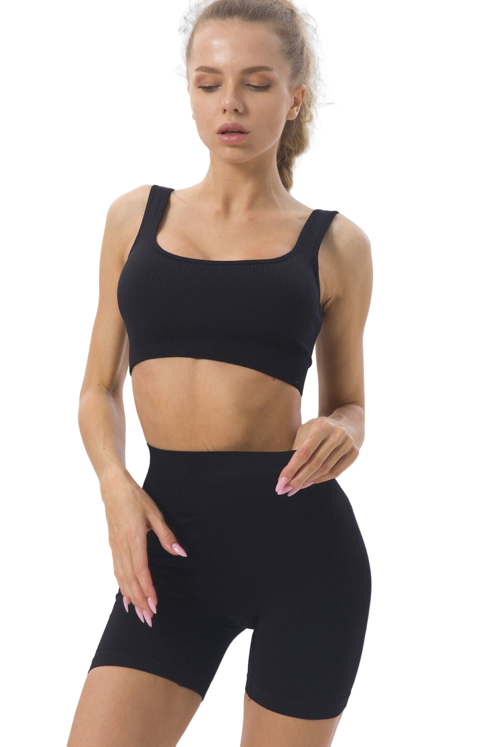 Black 2pcs Solid Color Ribbed Knit Yoga Set