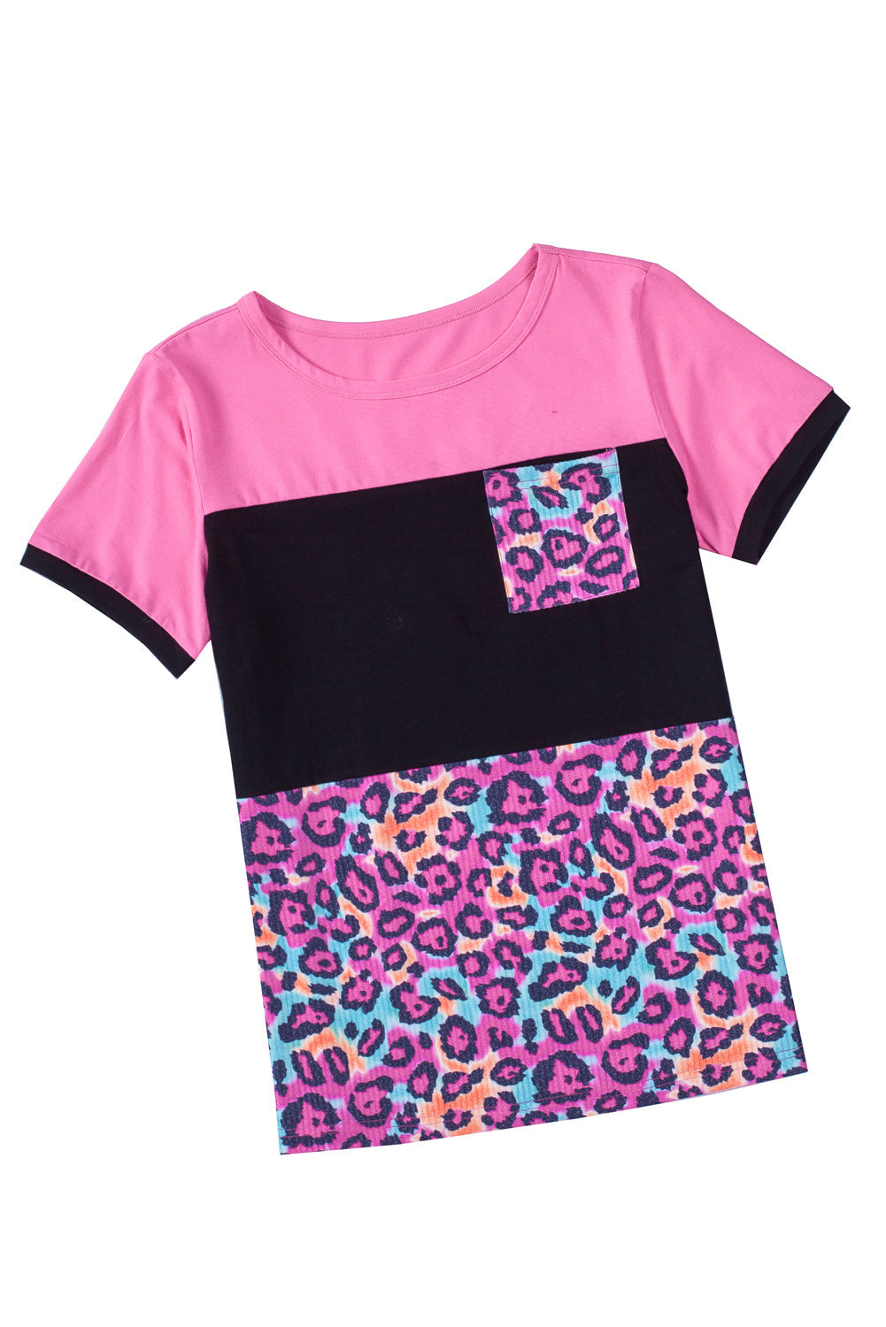 Rose Leopard Print Color Block Textured T-shirt