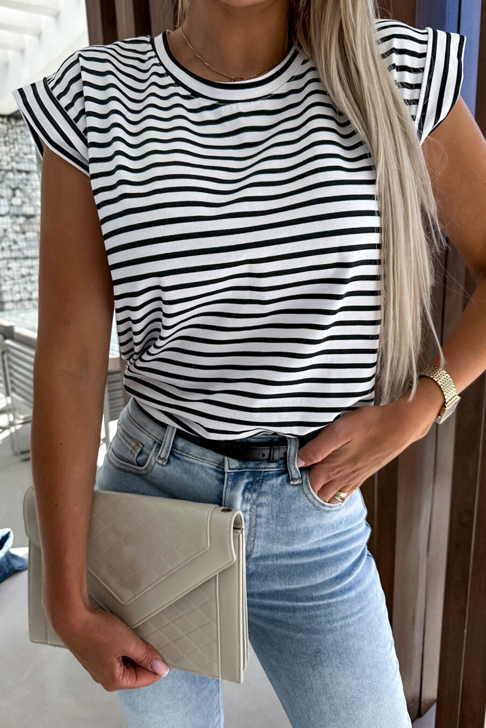 Striped Rolled Cap Sleeve Round Neck T Shirt