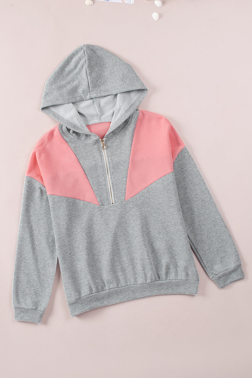 Gray Zip Front Colorblock Pullover Hoodie