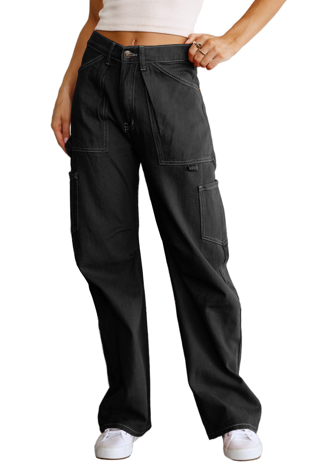 Black High Waist Straight Leg Cargo Pants with Pockets