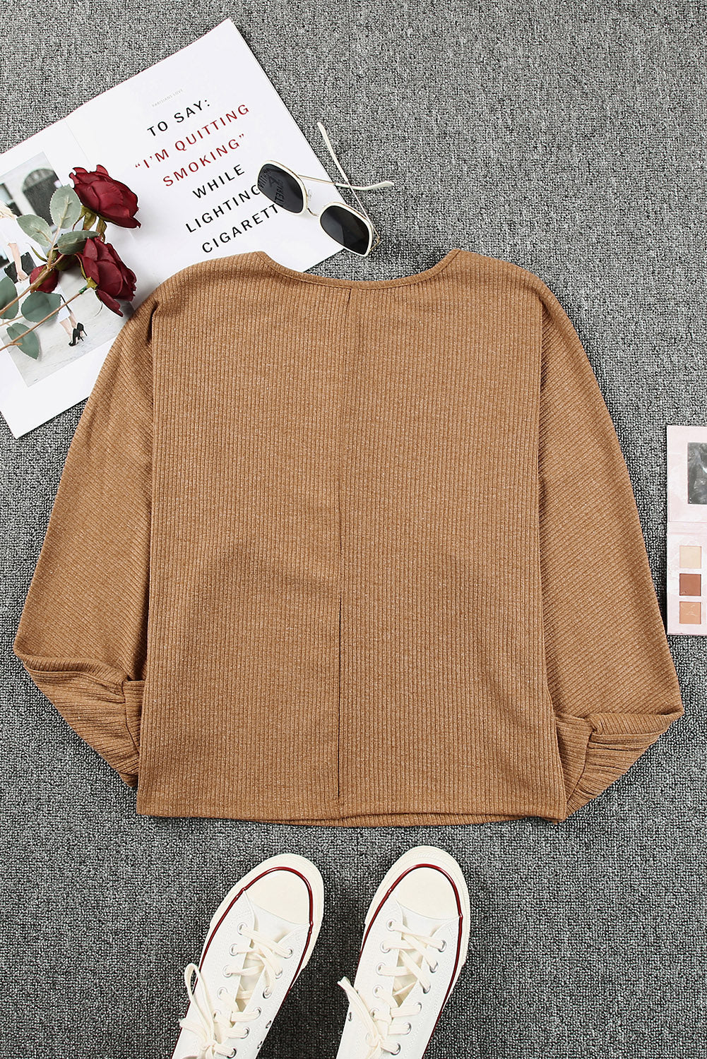 Brown Solid Crew Neck Loose Ribbed Knit Top