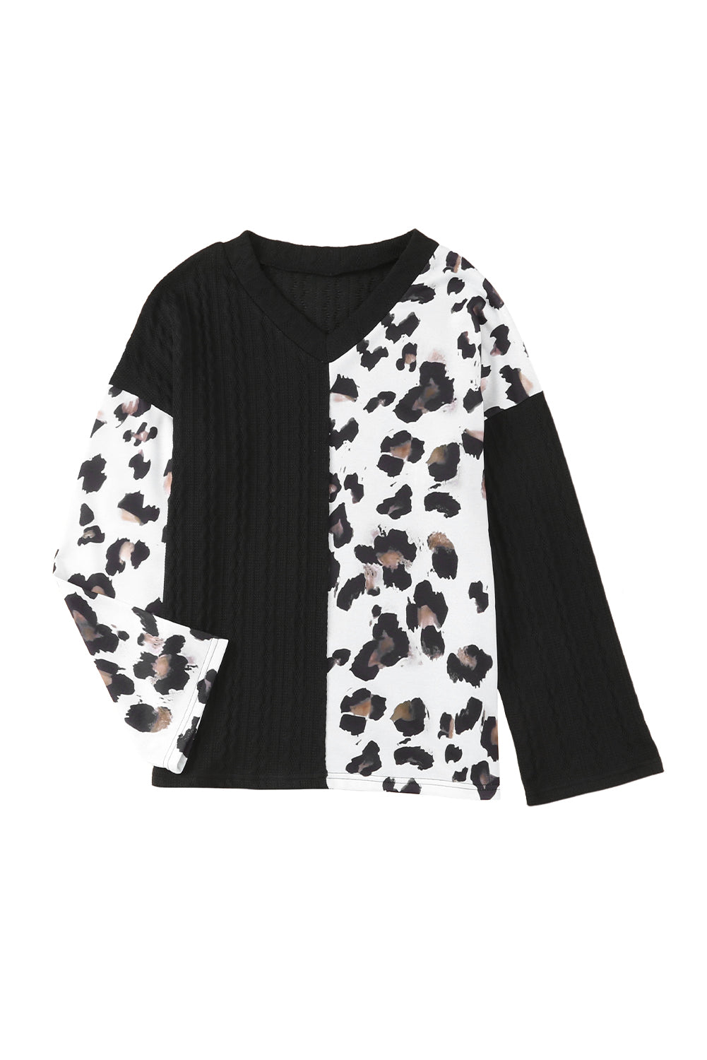 Khaki Asymmetric Leopard Patchwork Wide Sleeve V Neck Sweater