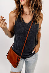 Black V Neck Racerback Tank Top with Pocket