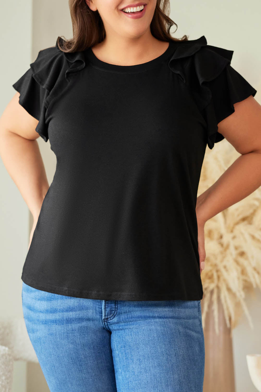 Black Plain Tiered Ruffled Short Sleeve T Shirt