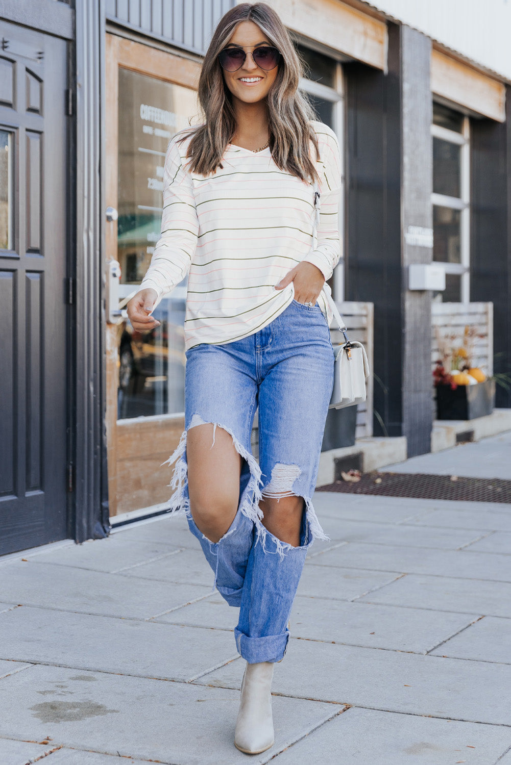 Long Sleeve V Neck Striped Print Top