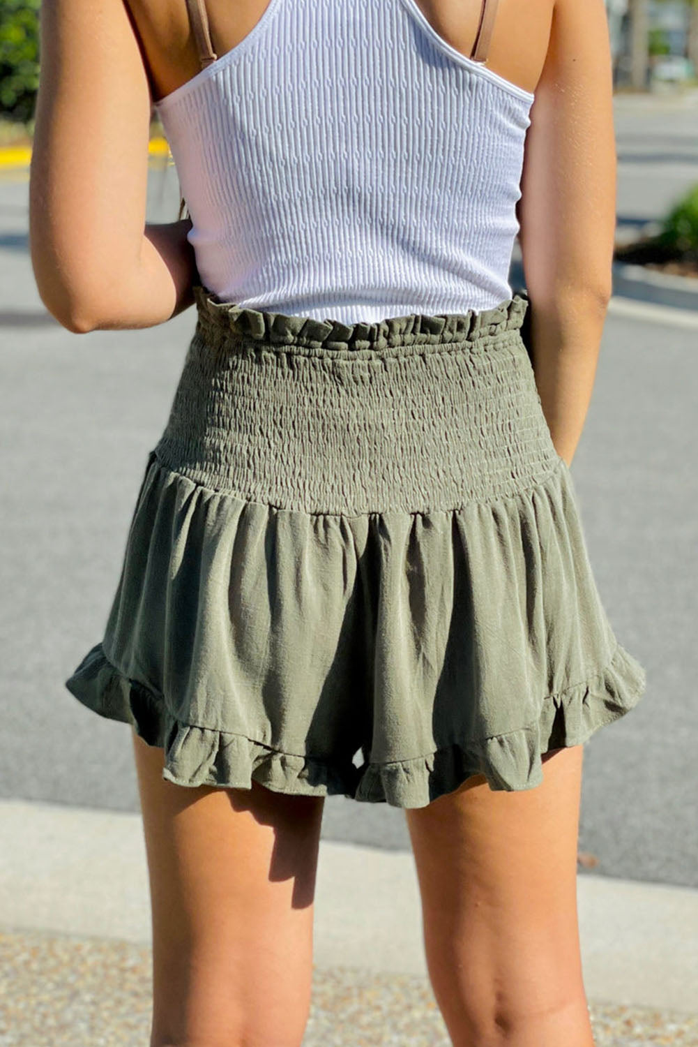 Green Smocked Wide Waistband Ruffled Casual Shorts