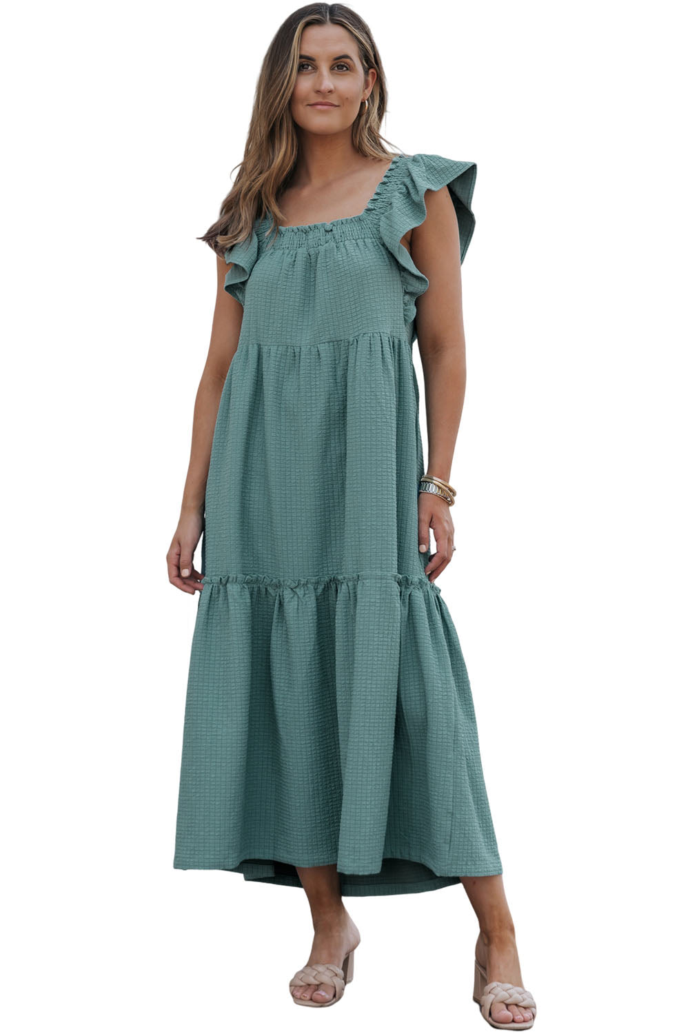 Green Smocked Neckline Flutter Sleeve Maxi Dress